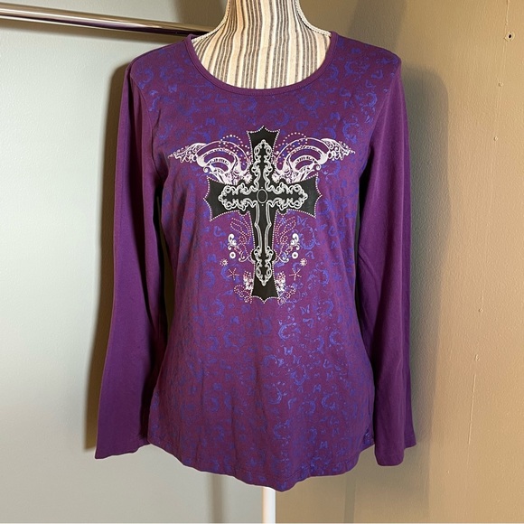 Bit & Bridle Tops - Bit & Bridle Womens Purple Long Sleeve Black Cross Rhinestone Pullover Shirt M